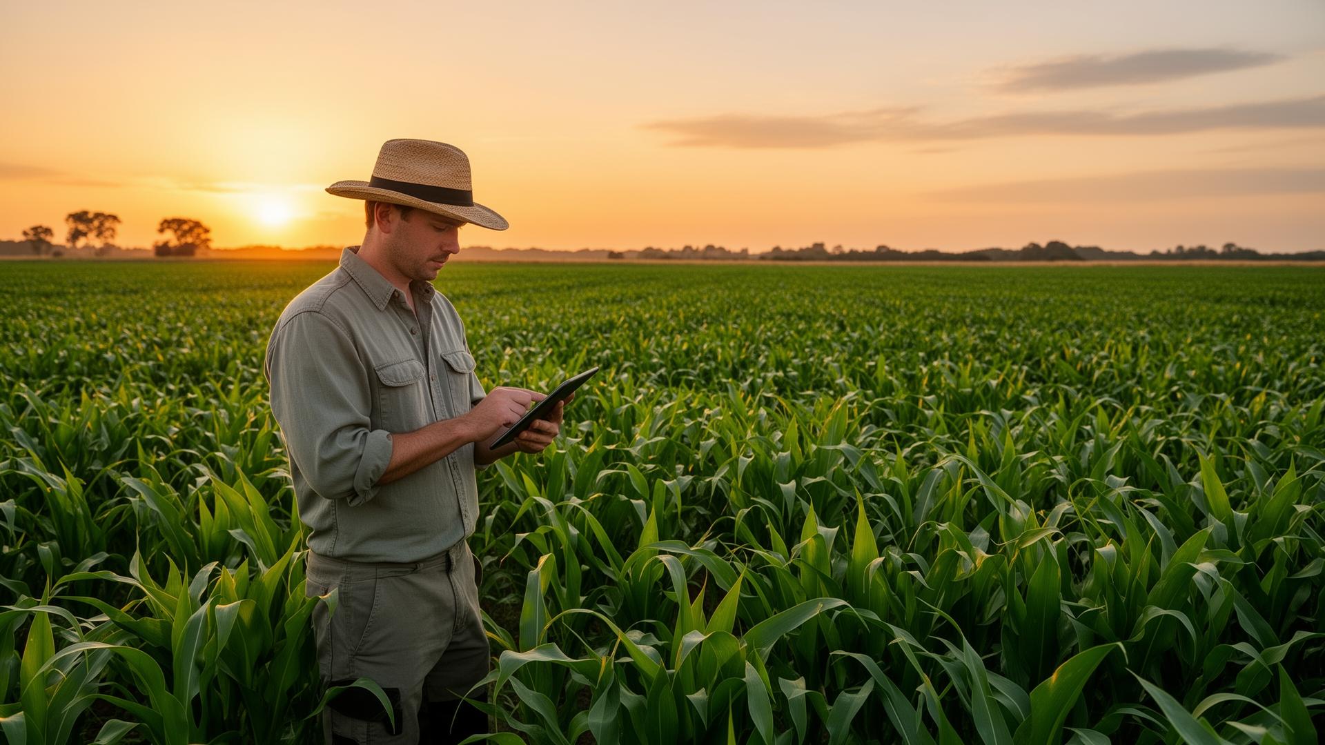 Farmer using a tablet in a field at sunset